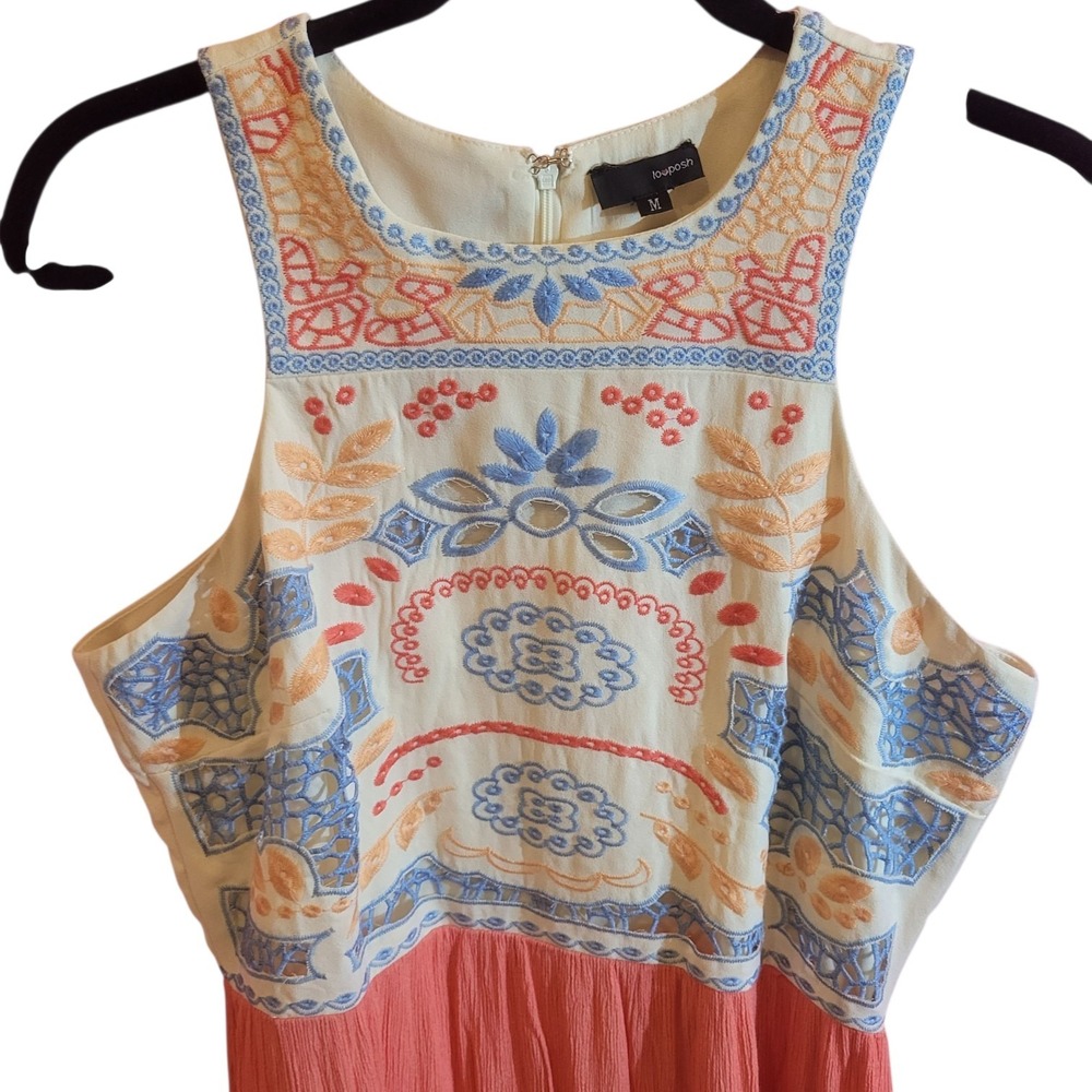 Mossimo Supply Co. Cream Embroidered Cold-Shoulder Maxi Dress - Blue & Peach